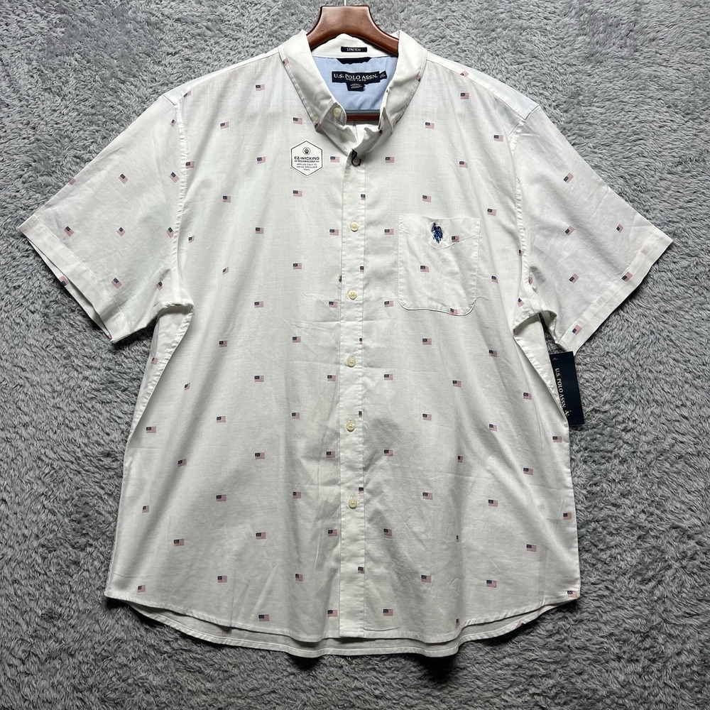 U.S. Polo Assn Shirt Mens 2XL White American Flag Print Button Up EZ Wicking